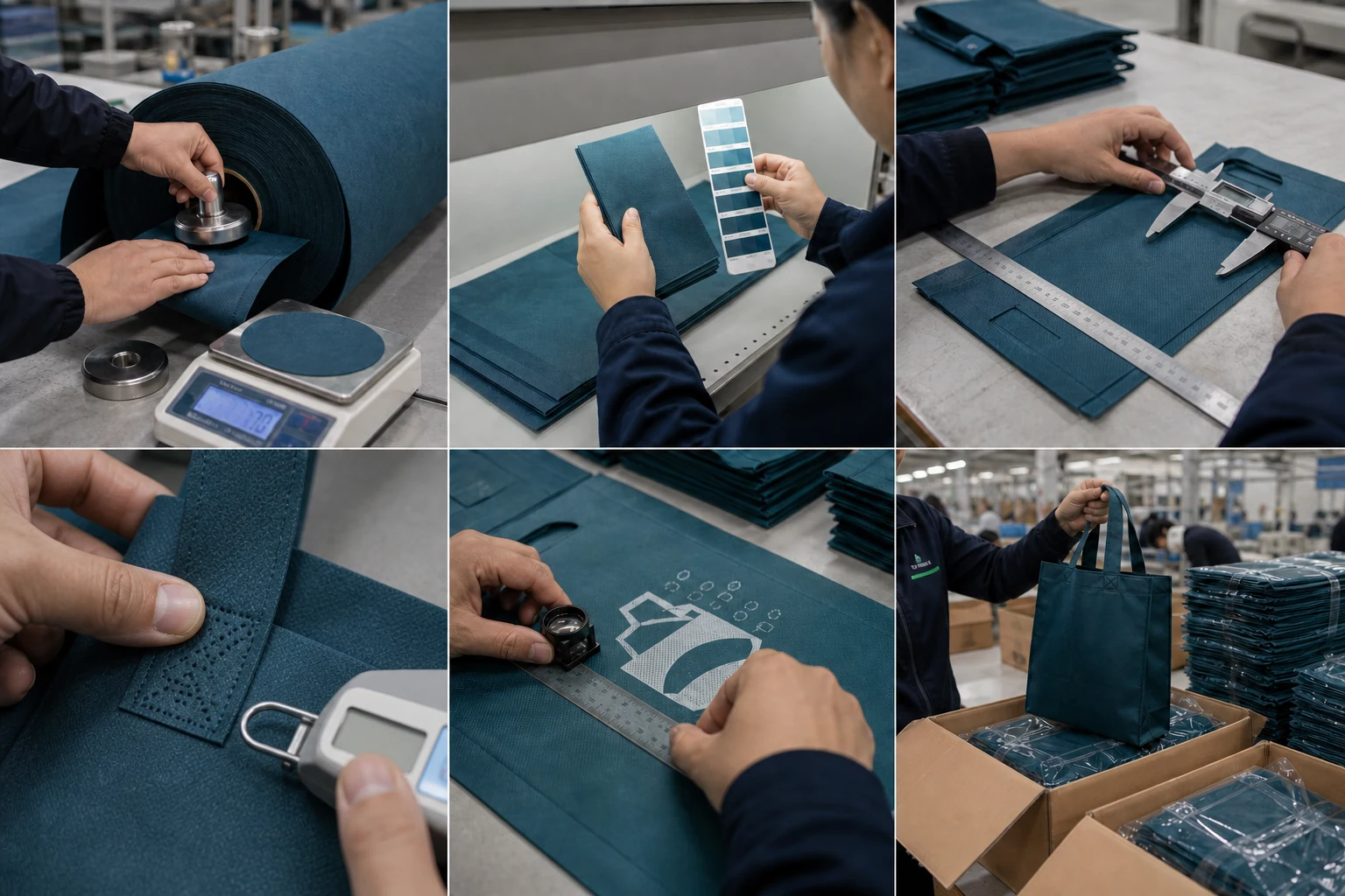 Non-woven bag quality control checks: GSM weight, colour matching, dimensions, handle strength, print position and packing