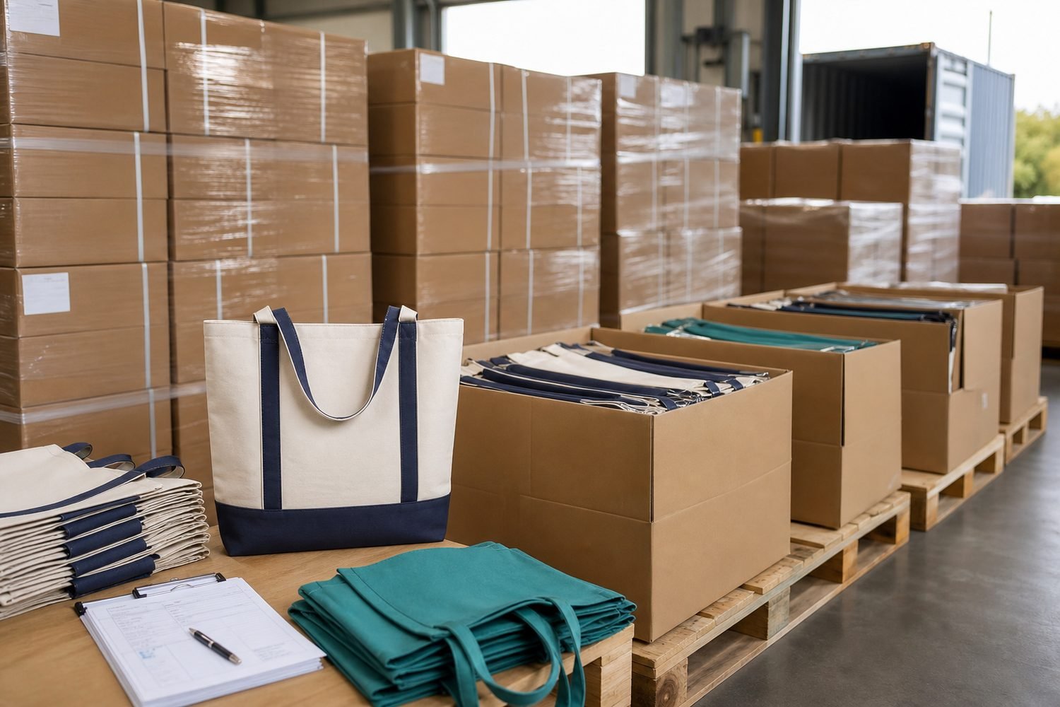 Bundles of non-woven bags prepared for bulk export delivery